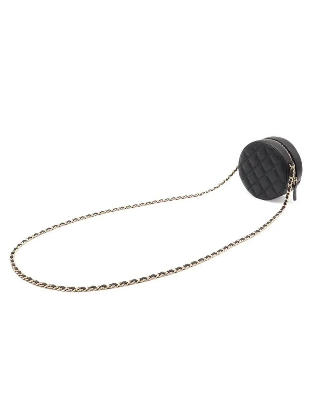Chanel Quilted Chain Shoulder Bag Pochette Round Crossbody Caviar Leather Black